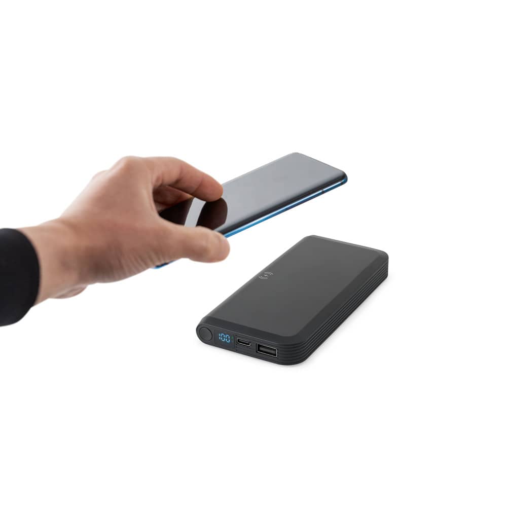 Bateria portátil com carregador por indução super-rápido (10'000 mAh), em ABS 100% reciclado